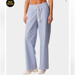 EDIKTED Pinstripe Pants Blue Nad White Wide Leg Rope Drawstring Waist Medium